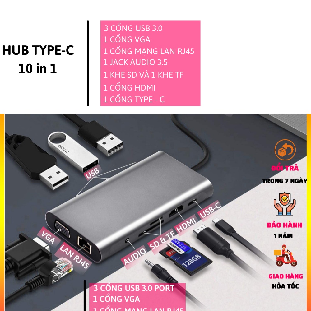 Bộ chuyển đổi hub USB Type-C sang hdmi HUB 10 trong 1 Máy tính xách tay laptop táo,tablet táo Trạm cắm USB Hub PD