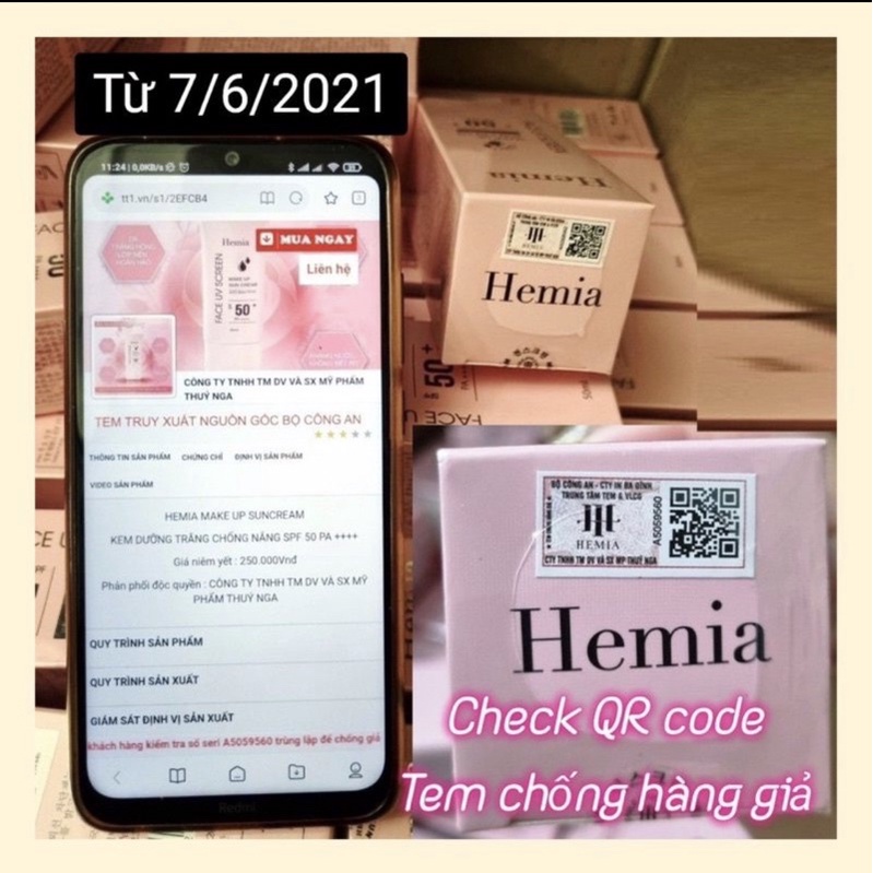 [Chính Hãng]Kem chống nắng HEMIA 50ml dưỡng trắng nâng tone SPF50+ tự nhiên Hàn Quốc