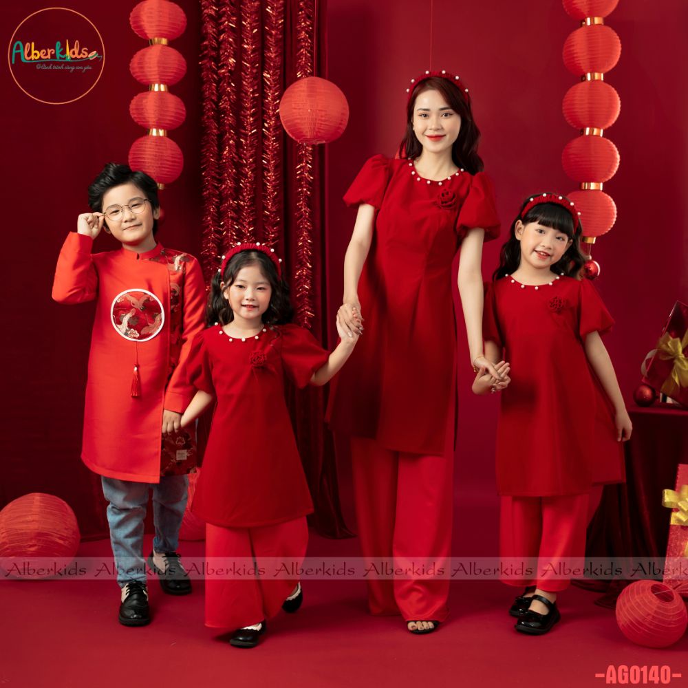 Áo dài bé trai alberkids đỏ gấm phối tùng hạc cho trẻ em 3,4,5,6,7,8,9,10 - ảnh sản phẩm 3