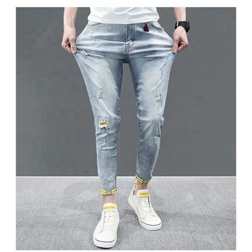 Quần jeans Lửng Rách Màu Sáng Cá Tính Cho Nam# Nam Ngắn jean Cắt Thẳng ! ^