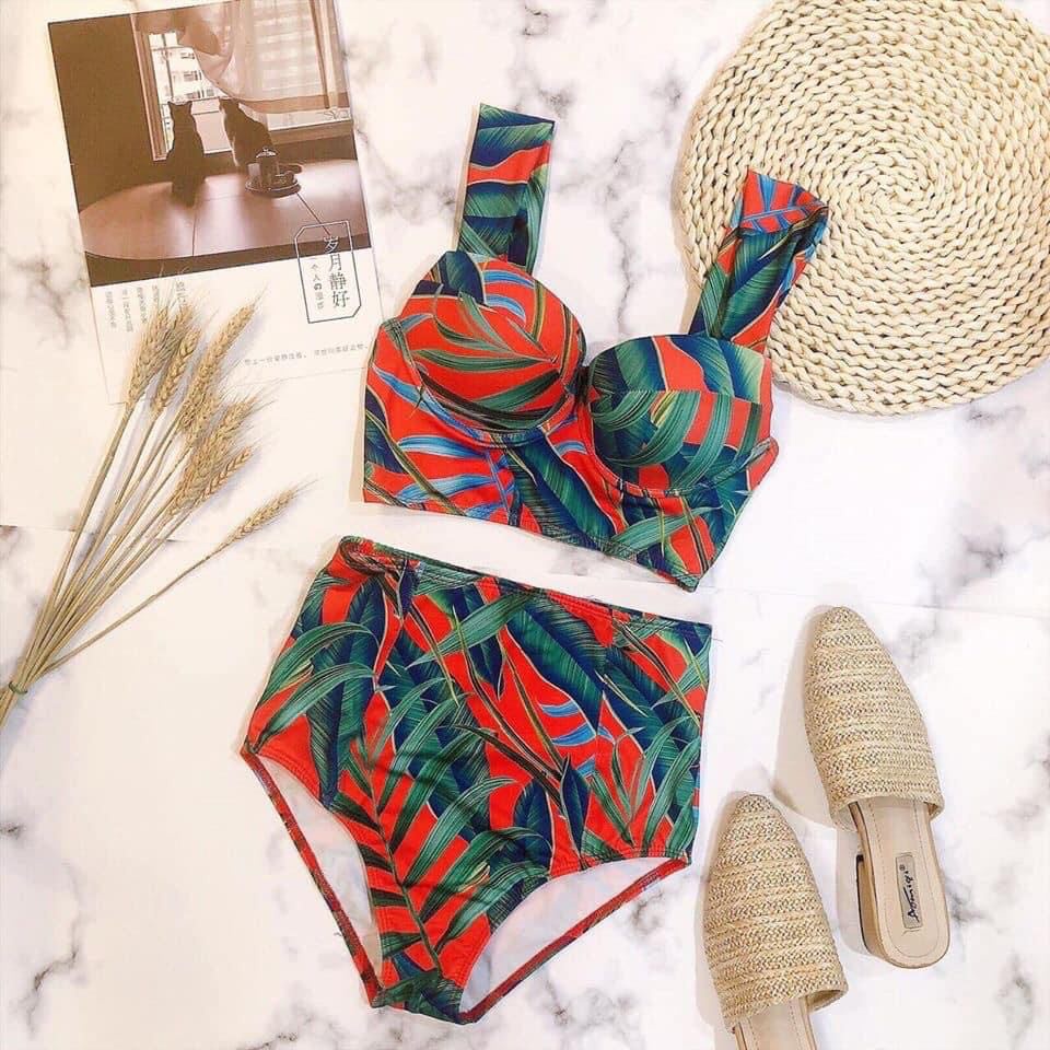 Bikini 2 Mãnh Đồ Bơi Đi Biển Họa Tiết Lá Đỏ Dể Thương XUKA XK09
