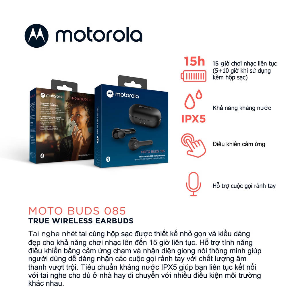 Tai nghe bluetooth nhét tai Motorola Moto Buds 085 - kháng nước IPX5 - 15h sử dụng - bảo hành 12 tháng