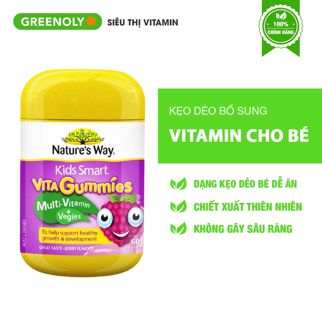 Kẹo Dẻo Bổ Sung Vitamin Tổng Hợp Từ Rau Quả Vị Berry Nature's Way Kids Smart Vita Gummies 60 Viên - Greenoly