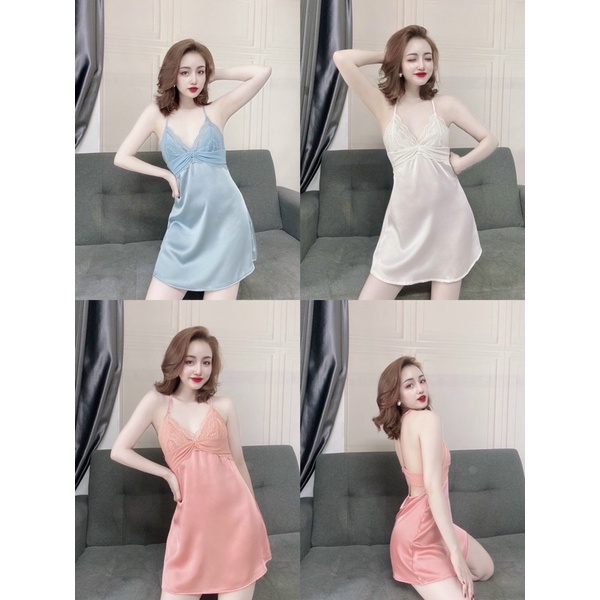 Đồ bộ đồ mặc nhà - Pijama Nữ, Váy Ngủ 2 Dây Sexy Chữ T Sau Lưng Kèm Quần Trong chất liệu lụa satin