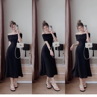 Đầm midi gân trắng bẹt vai gấp