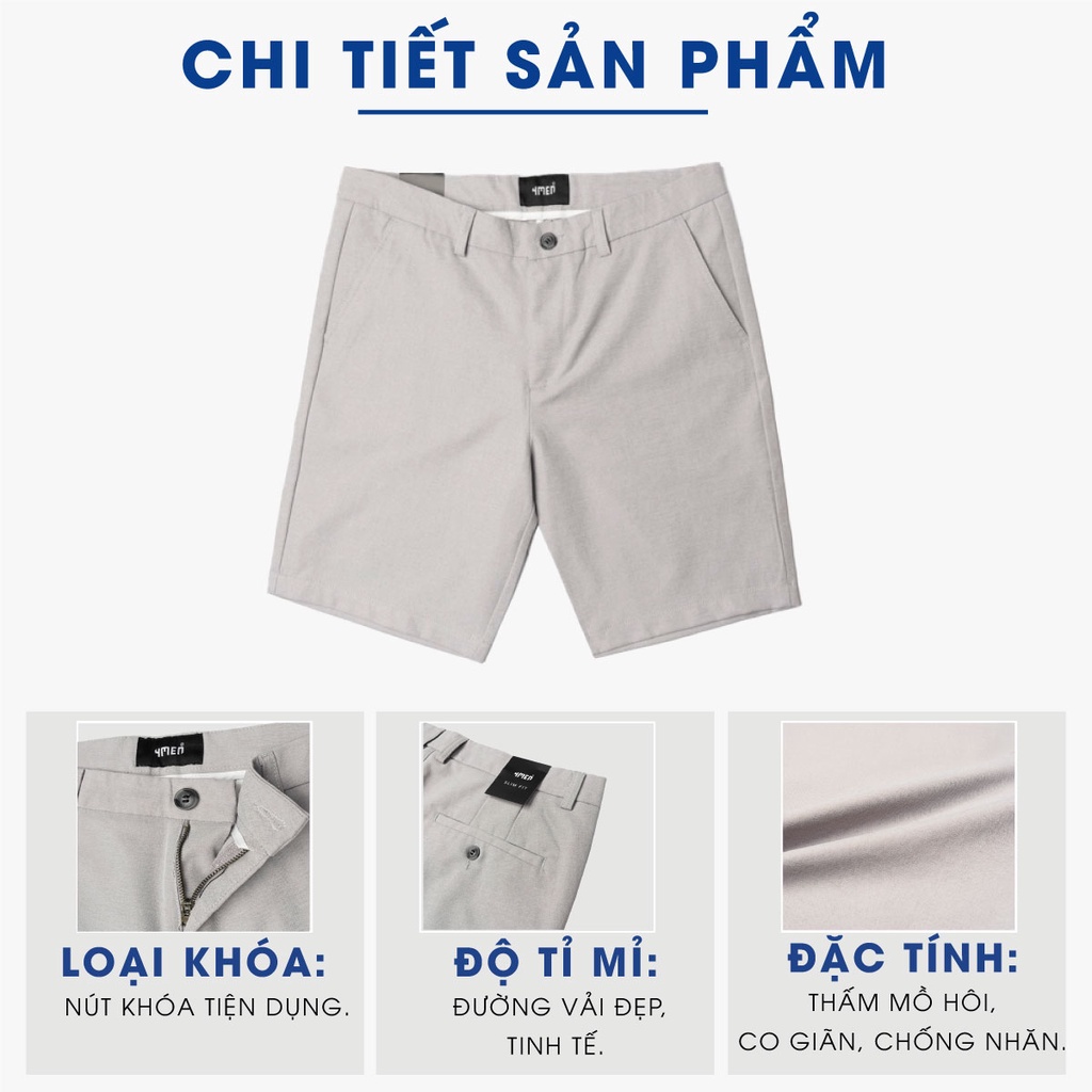 Quần Short Nam Trơn Slimfit 4MEN QS028 nút basic, đùi nam vải kaki mềm mại, chống nhăn, thoáng mát, trẻ trung