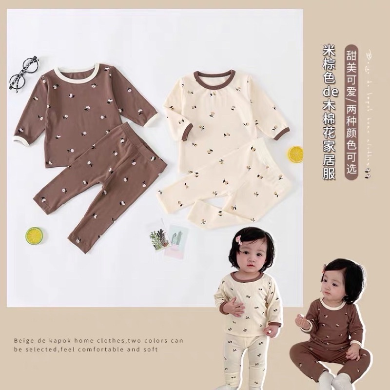 Bộ quần áo thu đông thun tăm dài tay hoa phong cách Hàn Quốc xinh xắn cho bé gái