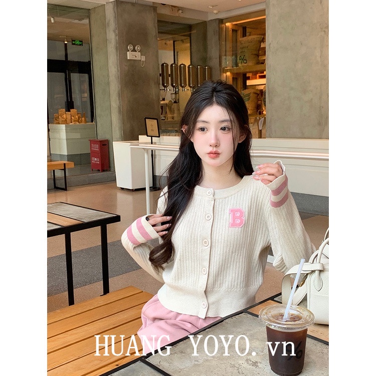 kumikumi HUANG YOYO 2023 croptop Áo Cardigan Ngắn Dệt Kim Cổ Tròn Màu Tương Phản Gợi Cảm Thời Trang Hàn Quốc Cho Nữ