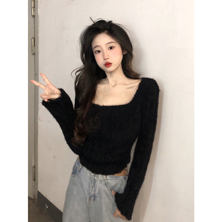 Áo Sweater Nhung Dệt Kim Tay Dài Cổ Vuông Thời Trang Mùa Thu Cho Nữ
