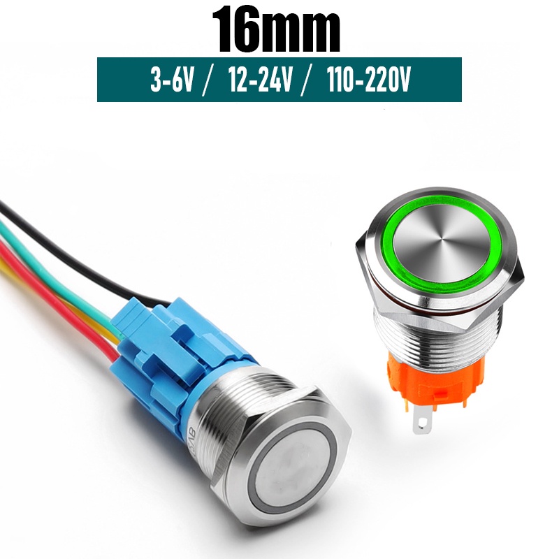 Nút nhấn nhả có đèn LED 16mm 3-6V, 12-24V, 110-220V Thân vỏ Kim loại chống nước