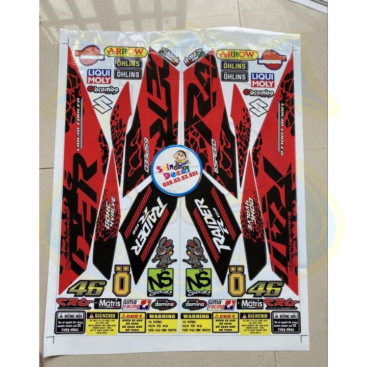 DECAL PVC 5 LỚP CHẤT LƯỢNG CAO Tem rời raider fi báo đốm đỏ đen