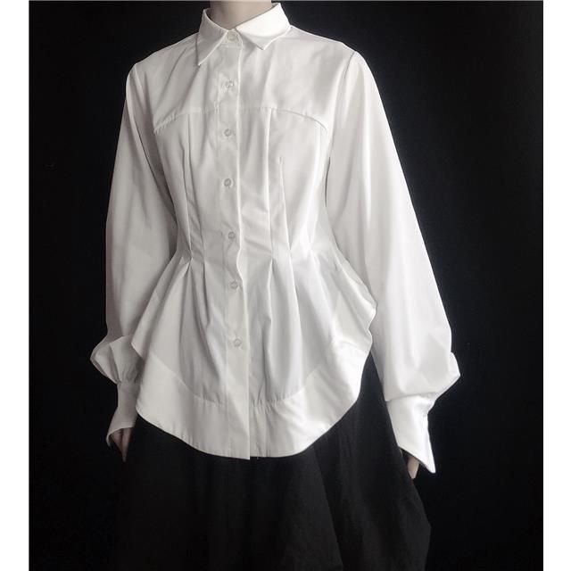 Áo Sơ Mi Trắng Thắt Eo Cổ Đứng Cắt Xẻ Đơn Giản Mùa Thu Đông Size S-Xl