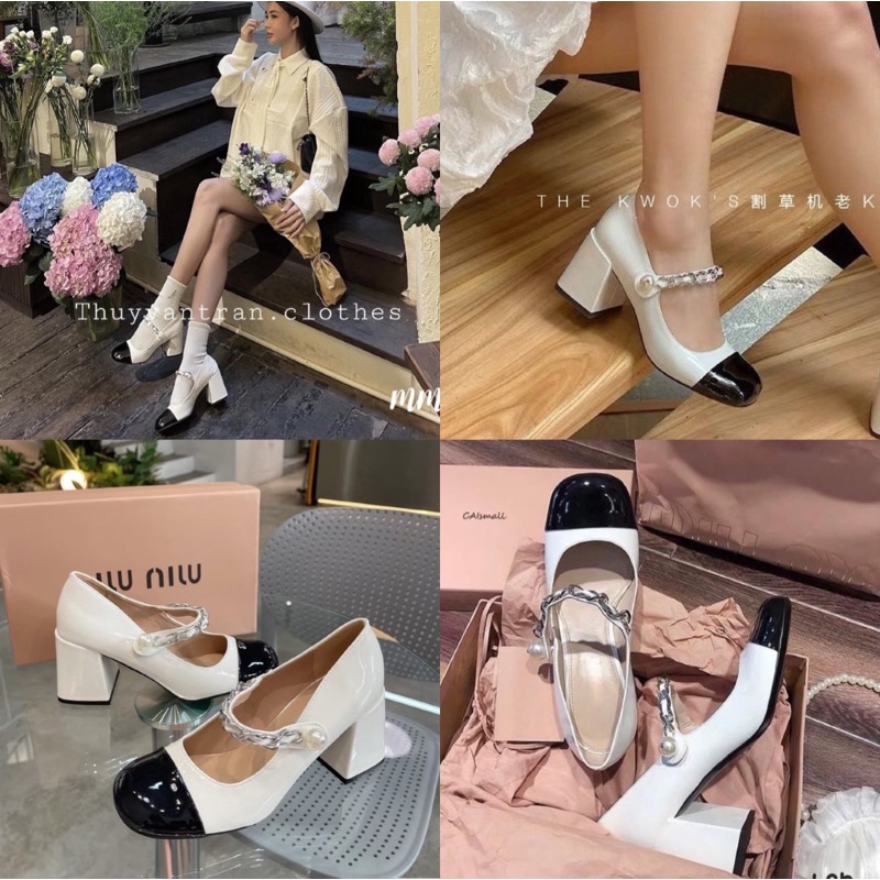 Giày cao gót MiuMiu đế vuông 7p, quai xích đính ngọc,chất da bóng. Hàng quảng châu cao cấp đầy đủ hộp túi