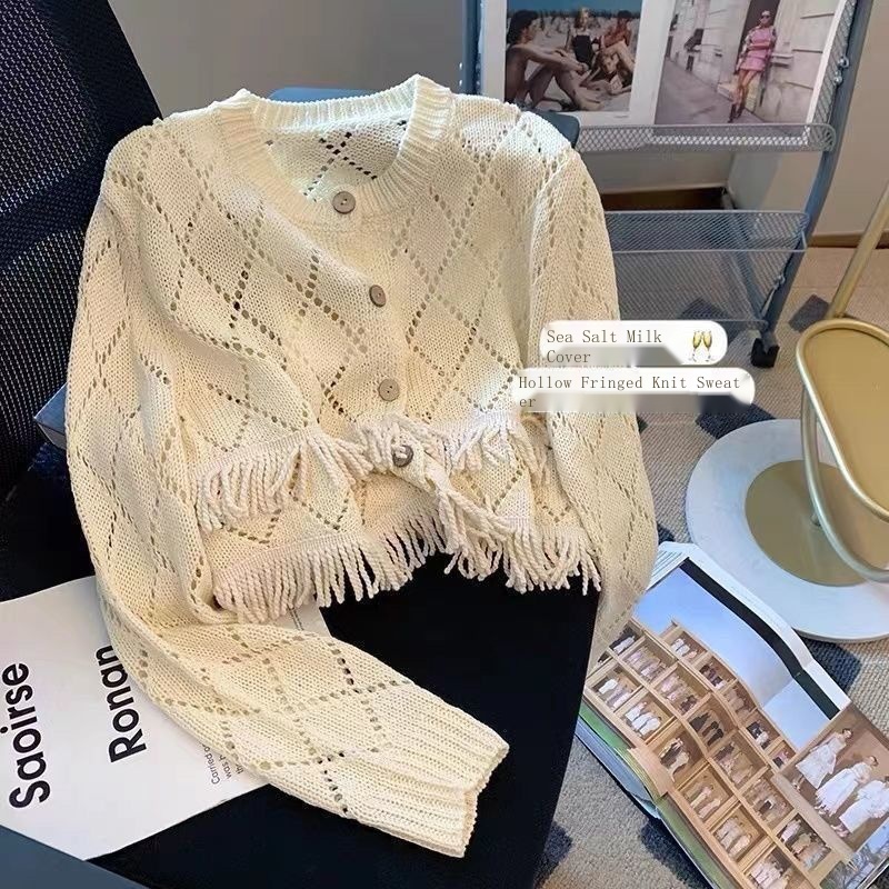 Áo Khoác Cardigan Dệt Kim Mỏng Dáng Ngắn Phối Tua Rua Thời Trang Mùa Thu Cho Nữ