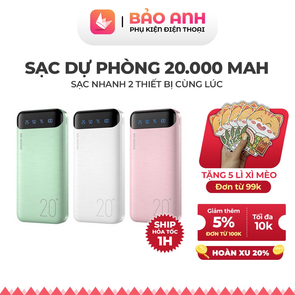 Sạc dự phòng 20000mah chính hãng WP-163, pin sạc dự phòng sạc 2 thiết bị cùng lúc, sạc nhanh 2.1A, tặng cường lực