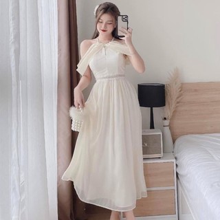 Đầm nữ thiết kế midi nude cổ yếm viền ngọc rớt tay | Váy nữ đi tiệc, đi chơi, du lịch, kỉ yếu | Tiệm Chang Hie