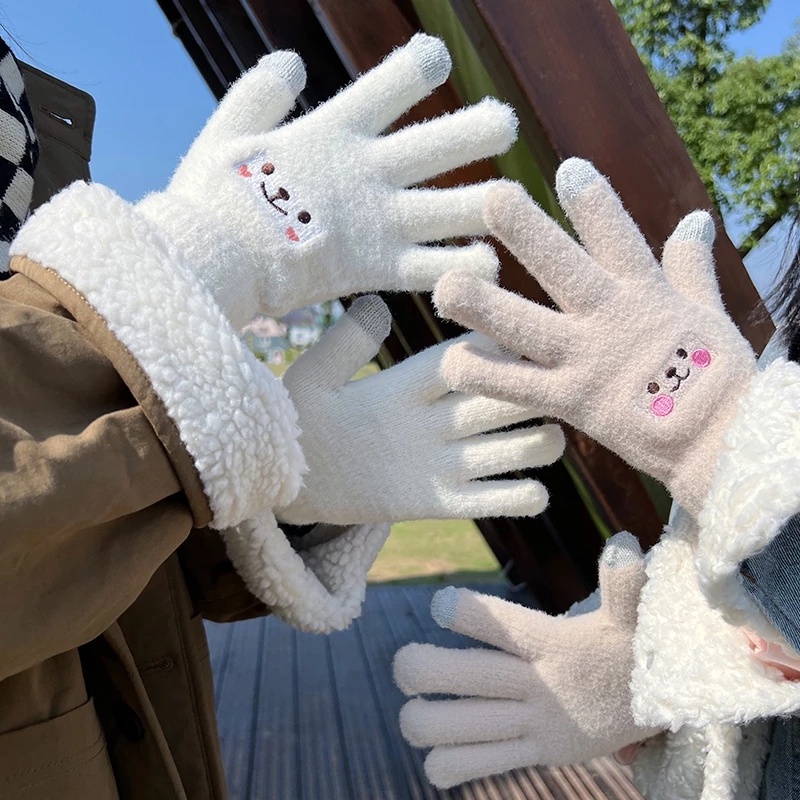 Đôi Găng Tay Bông Mềm Mại Có Thể Chạm Màn Hình Cảm Ứng In Hình Mặt Cười Dễ Thương