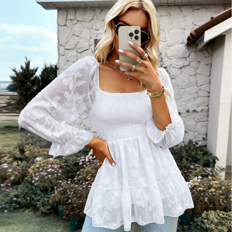 Áo Kiểu Tay Phồng Cổ Vuông 3 / 4 Họa Tiết Hoa Xinh Xắn Thời Trang Cho Nữ