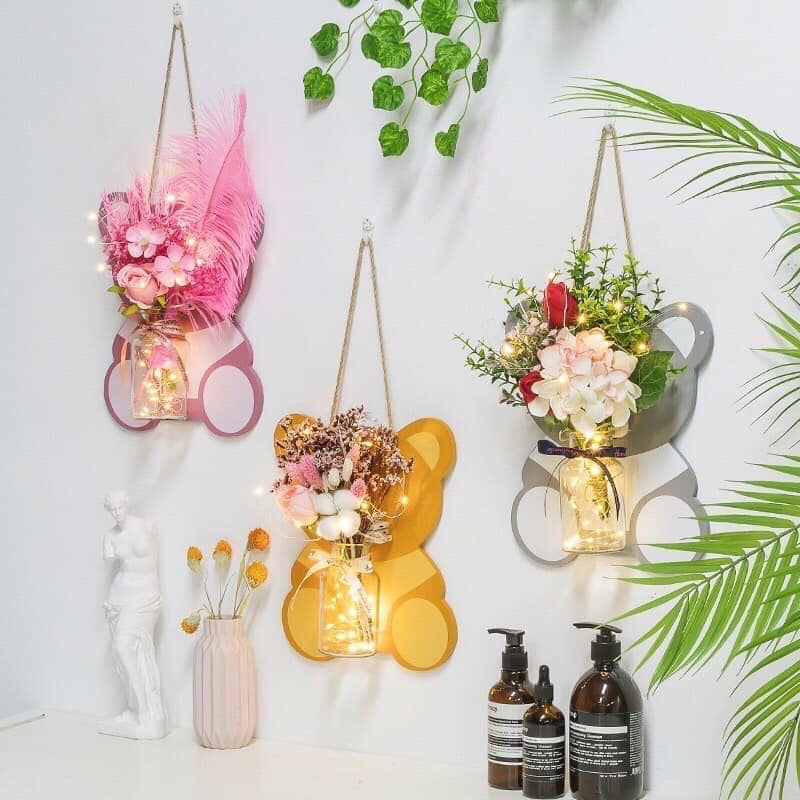 LỌ CẮM HOA TREO TƯỜNG GỖ KÈM BÌNH THUỶ TINH HÌNH GẤU🌸( KO KÈM HOA)