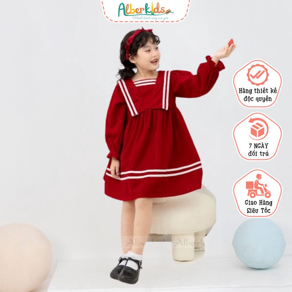 Váy bé gái ALBERKIDS thu đông dài tay đỏ phối kẻ trắng xinh đẹp cho trẻ em gái từ 2,3,4,5,6,7,8,9,10,11,12 tuổi AG0107
