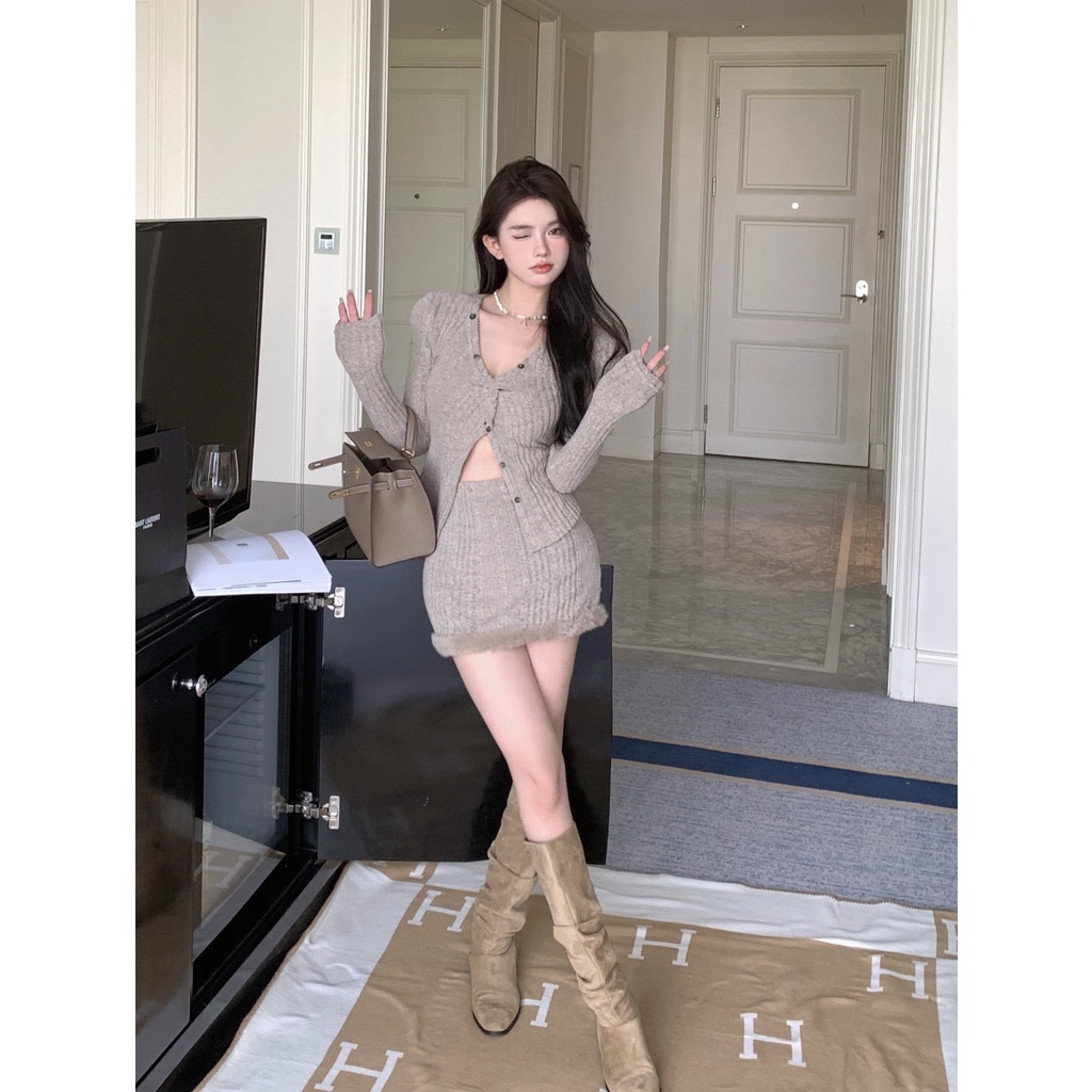 ZHELIHANGFEI Bộ Áo Cardigan Dài Tay Cổ Chữ V + Chân Váy Ngắn Lưng Cao Thời Trang Nữ Tính