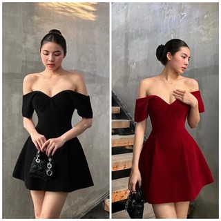 ĐẦM NHUNG TRỄ VAI 2M CÓ 2 MÀU ĐỎ ĐEN SANG TRỌNG QUÝ PHÁI