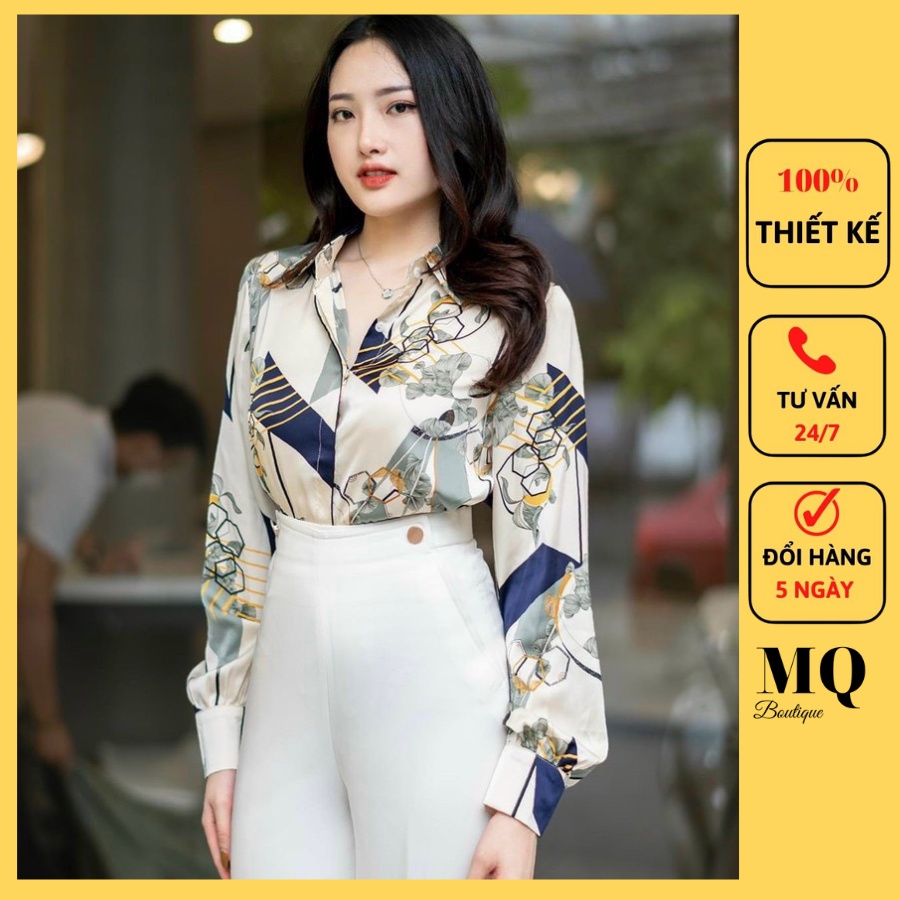 Áo sơ mi nữ lụa dài tay cao cấp công sở họa tiết lá ô chéo vàng xanh nền trắng sữa , áo sơ mi thiết kế MQ Boutique