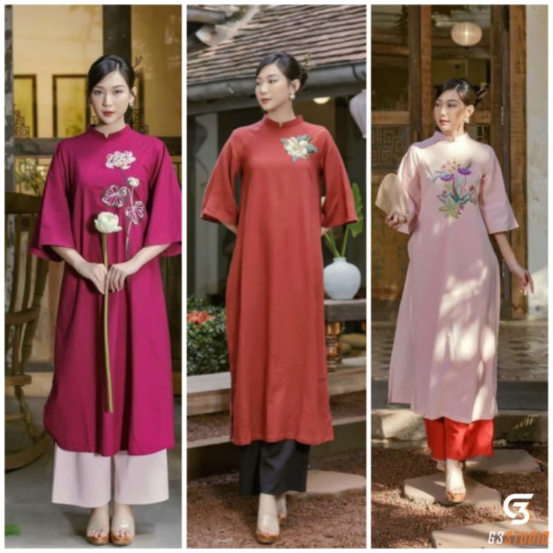 PT13 Áo dài Truyền thống dáng xuông cổ phục chất vải mềm mịn họa tiết thêu nổi bật chi tiết