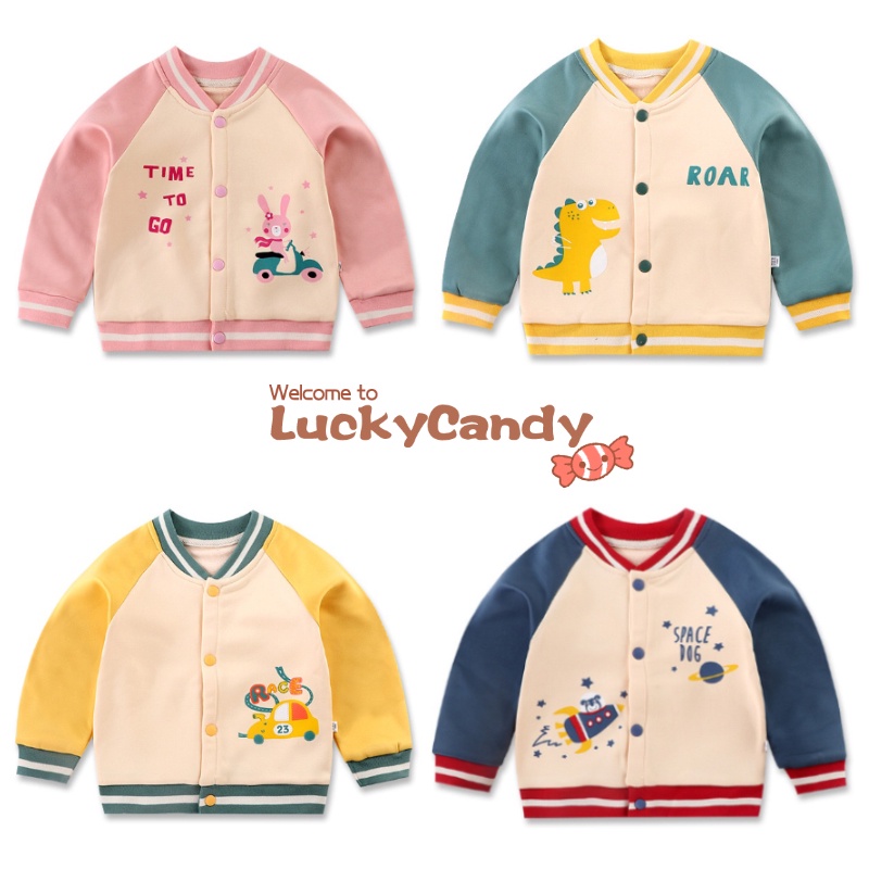 Áo khoác bóng chày LUCKYCANDY vải lông cừu dày tay dài in họa tiết hoạt hình thời trang cho bé 1-7 tuổi