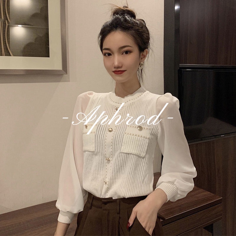Aphrod Áo Sweater Dệt Kim Chiffon Cổ Tròn Khoét Rỗng Phối Màu Tương Phản Đơn Giản Thời Trang Cho Nữ