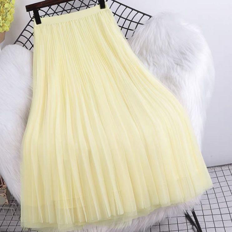 Chân Váy Lưới Xếp Ly Dáng Xòe Dài Lưng Cao Màu Trơn Dễ Phối Đồ