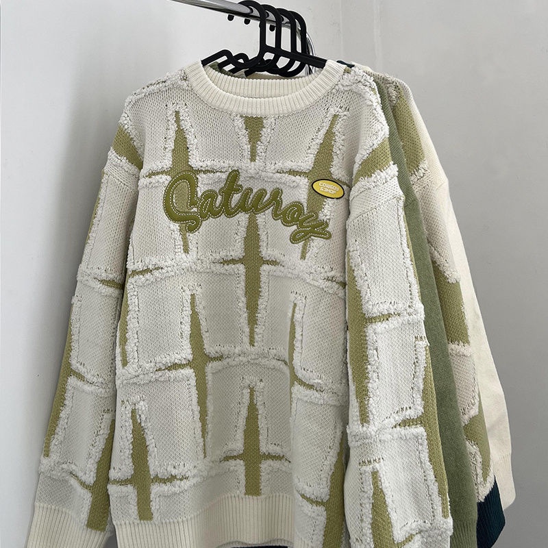 Áo Sweater Dệt Kim Cổ Tròn Thêu Chữ Và Ngôi Sao Kiểu Retro Mỹ Thời Trang Thu Đông Cho Nam Và Nữ