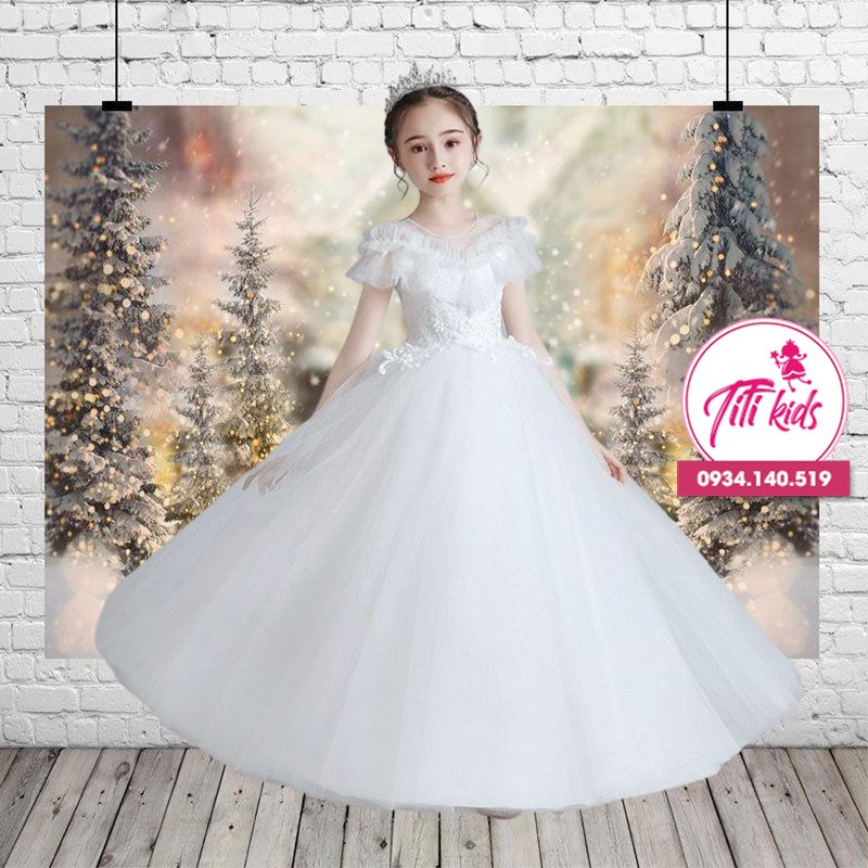 Đầm Công Chúa Cho Bé Gái TiTiKids Đầm Trắng Xếp Ly Tay Lửng CC166