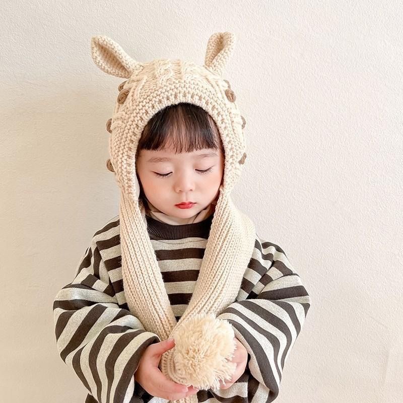 Mũ Len Kèm Khăn Choàng Một Mảnh Giữ Ấm Tai Phong Cách Hàn Quốc Cho Bé Gái