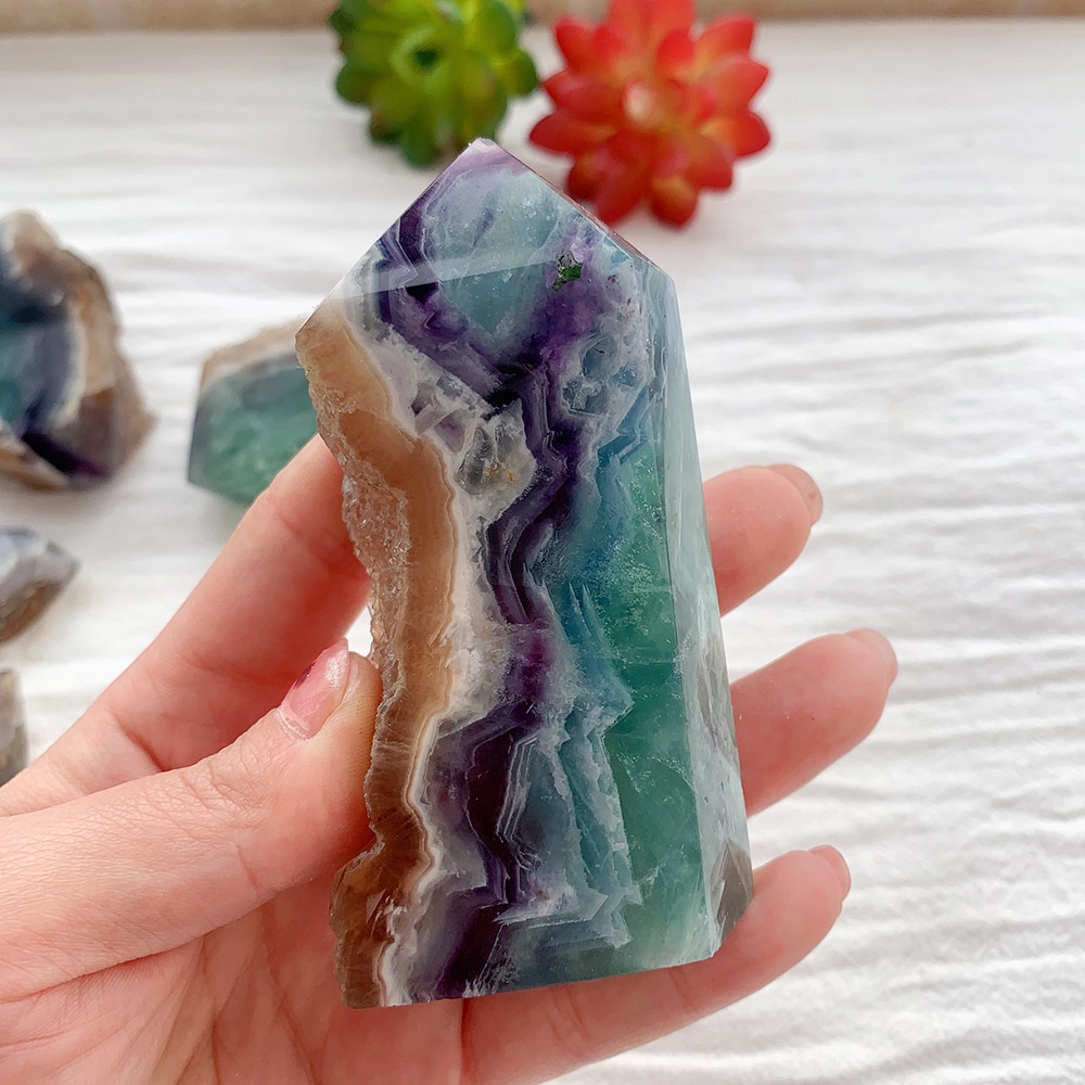 1 Đá Fluorite Tự Nhiên Hình Tháp Màu Cầu Vồng Dùng Trang Trí