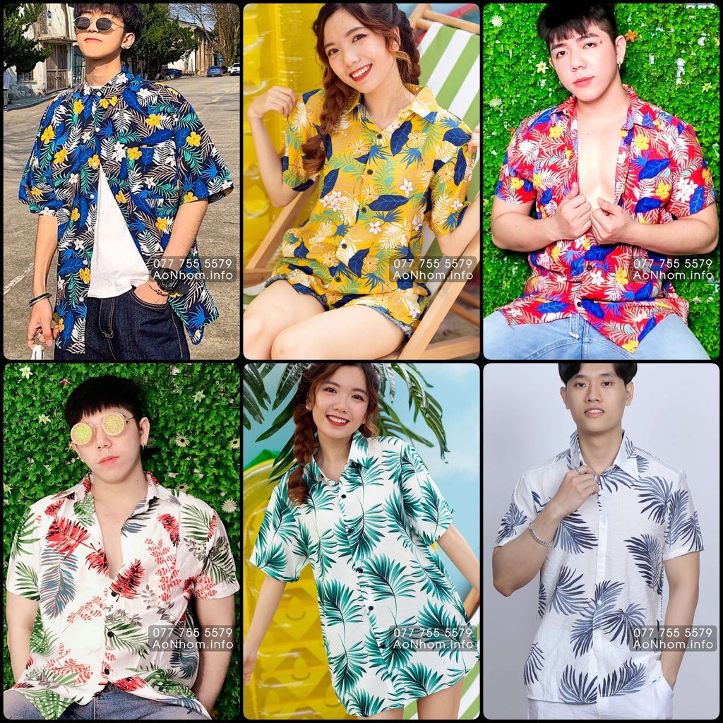Áo Sơ Mi Hawaii Đi Biển - Lá Kim Xanh Xám Đỏ Bông Hoa - Áo Đôi Đồng Phục Nhóm Lớp Team Building Hoạ Tiết Hoa Lá Trái Cây