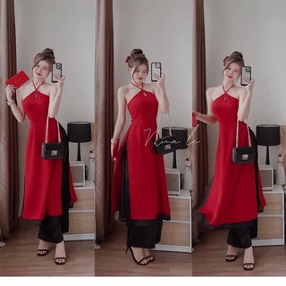 Set áo dài cổ yếm thắt nơ cổ + quần suông