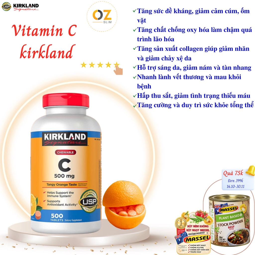 Vitamin C Mỹ Kirkland Signature Chewable Vitamin C 500mg 500 Viên - Tăng Sức Đề Kháng, Hỗ Trợ Làm Chậm Quá Trình Lão Hóa