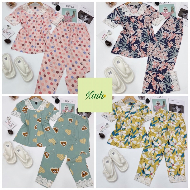 Pyjama Quần Dài Tay Ngắn Phối Ren Tole Lanh VNXK F21 40-65kg