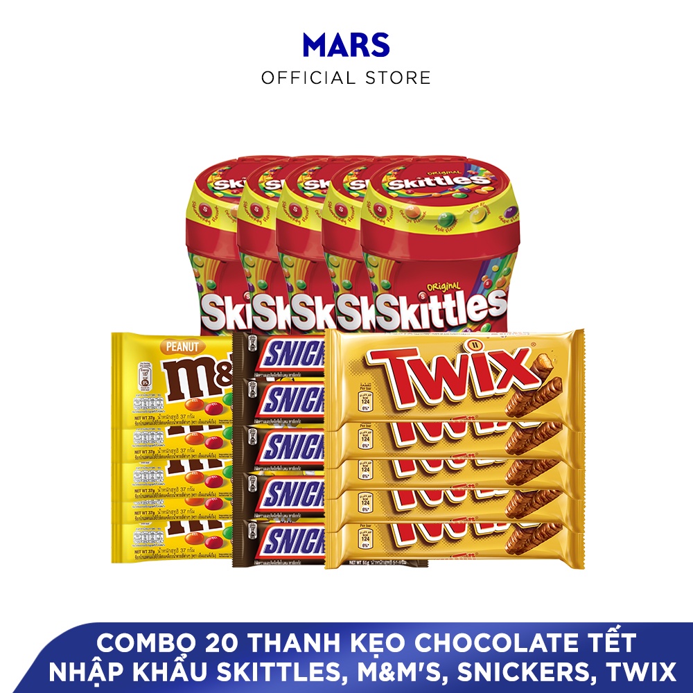 Combo 20 thanh kẹo Chocolate Tết nhập khẩu Skittles, M&M's, Snickers, Twix