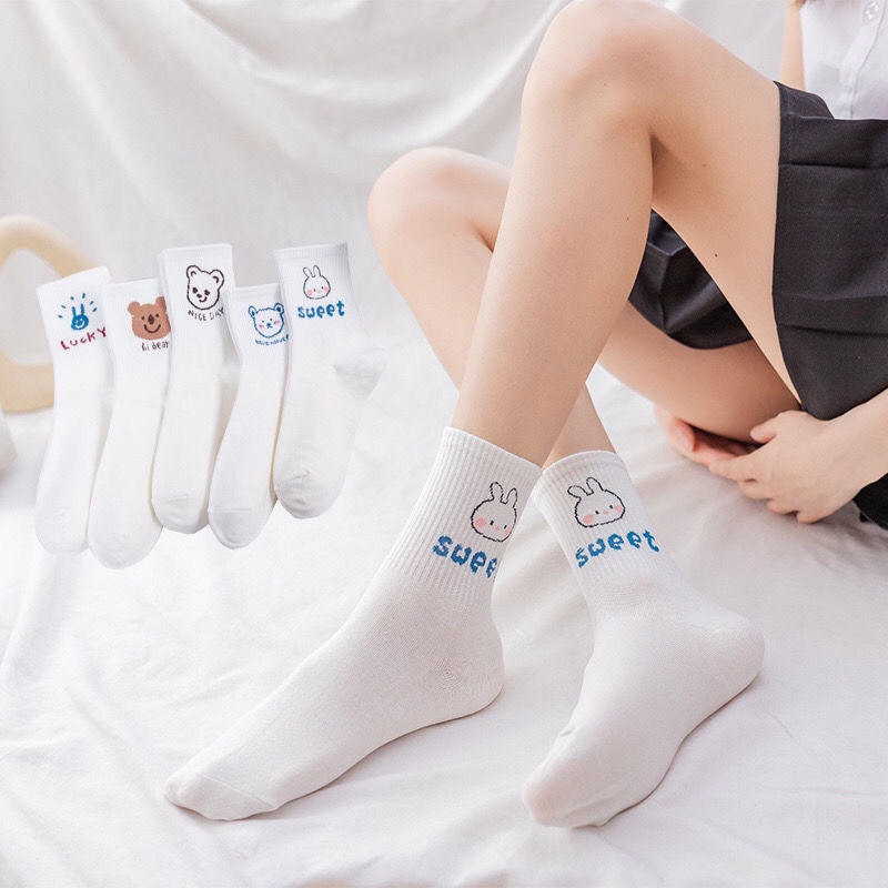 Set 5 tất nữ Muzini vớ cổ cao trắng phong cách Hàn Quốc đáng yêu TN251