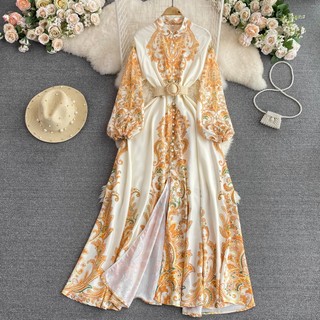 #2807[Có sẵn]   Đầm dài tay cổ chân chất voan họa tiết kèm thắt lưng