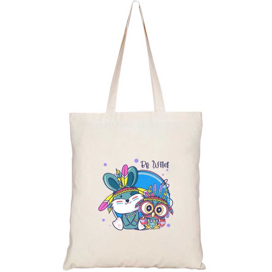 Túi Tote Vải Canvas GINKO Kiểu Basic có dây kéo khóa (có túi con) in hình cute cartoon tribal owl bunny with feath HT222