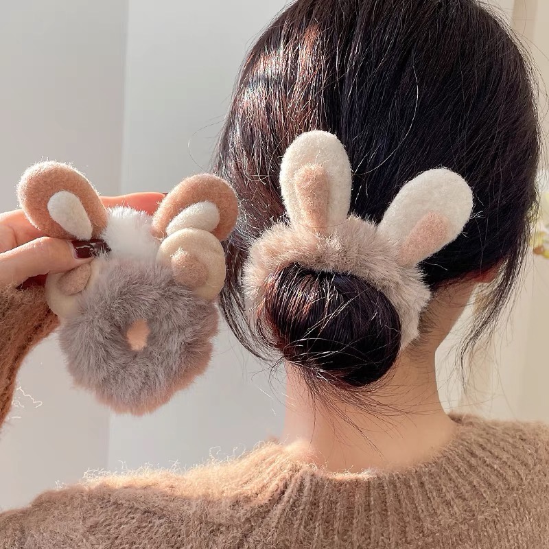 Dây Cột Tóc Cao Su Hình Tai Thỏ / Gấu Bằng Lông Nhung Dễ Thương Xinh Xắn