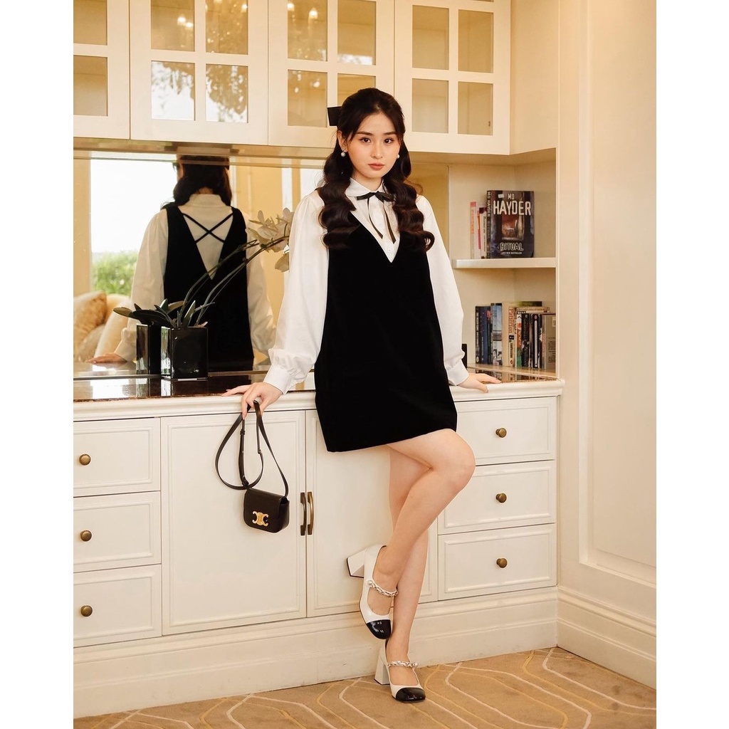 Set váy áo sơ mi nữ Linly Store dáng suông babydoll chất nhung