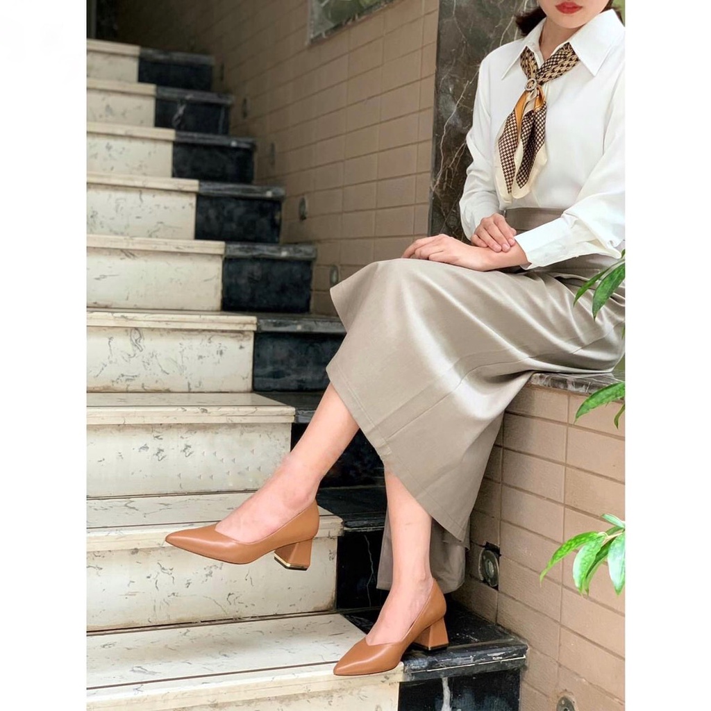 Giầy Nữ Mũi Nhọn Gót Trụ Cao 5cm Da Thật VNXK