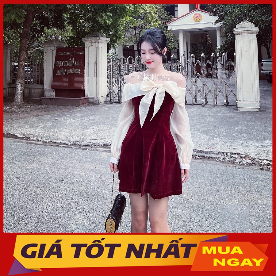 Váy Nhung Trễ Vai Pha Tơ Cổ Nơ Bèo Hàng Quảng Châu V3025 - Yamy888