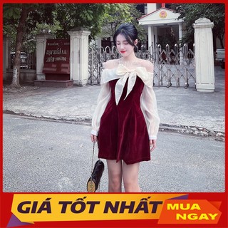 Váy Nhung Trễ Vai Pha Tơ Cổ Nơ Bèo Hàng Quảng Châu V3025 - Yamy888