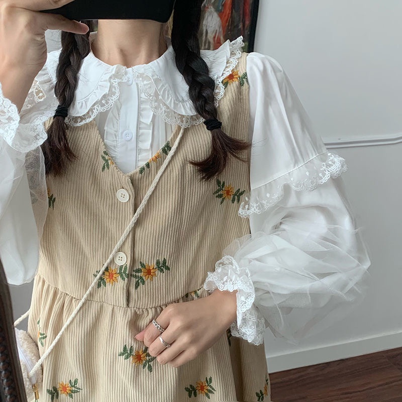 H.A.N STORE  CÓ SẴN - Váy/ Đầm babydoll vải nhung gạch thêu hoa màu be