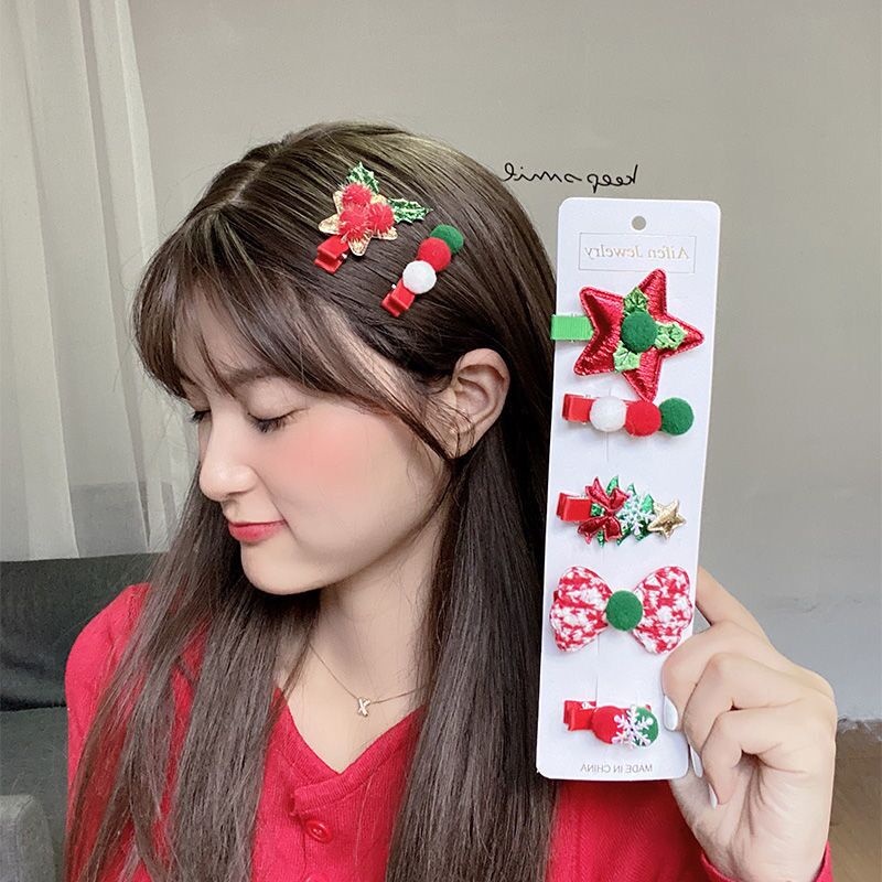 Bộ 5 Kẹp Tóc Kích Thước Nhỏ Họa Tiết Giáng Sinh Dễ Thương Dùng Trang Trí Tiệc
